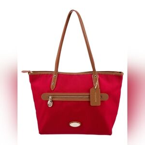 COACH Designer Sawyer Twill Canvas Leather Red Toze Purse Handbag